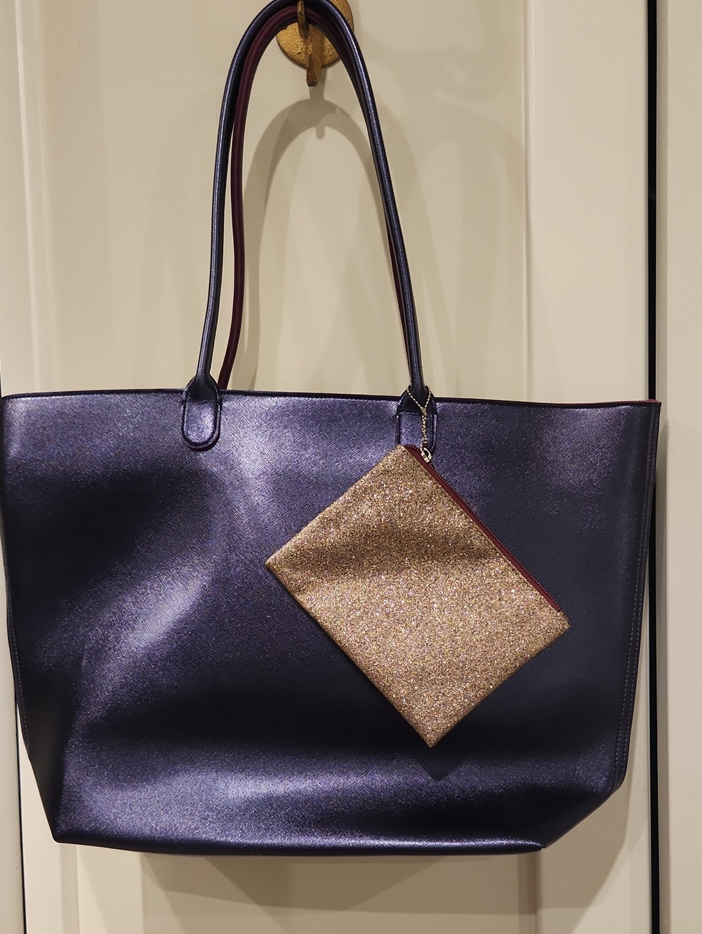 Shimmering Navy Tote Bag with Gold Glitter Pouch